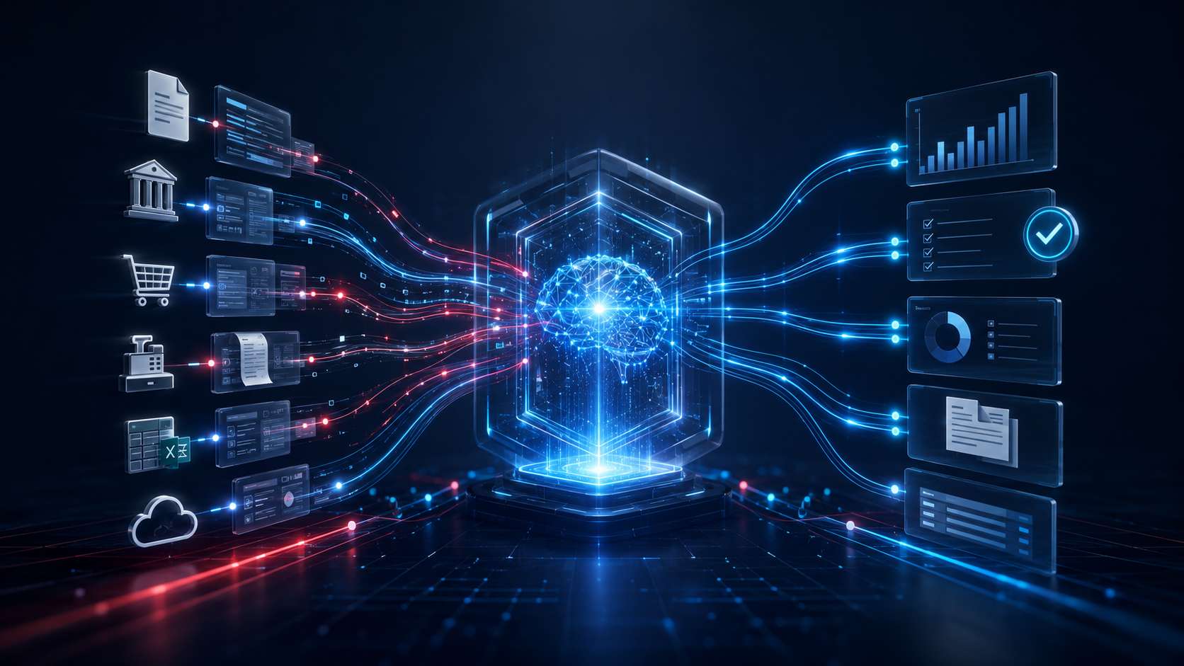 Futuristische Visualisierung vernetzter Datenströme rund um einen zentralen KI-Kern