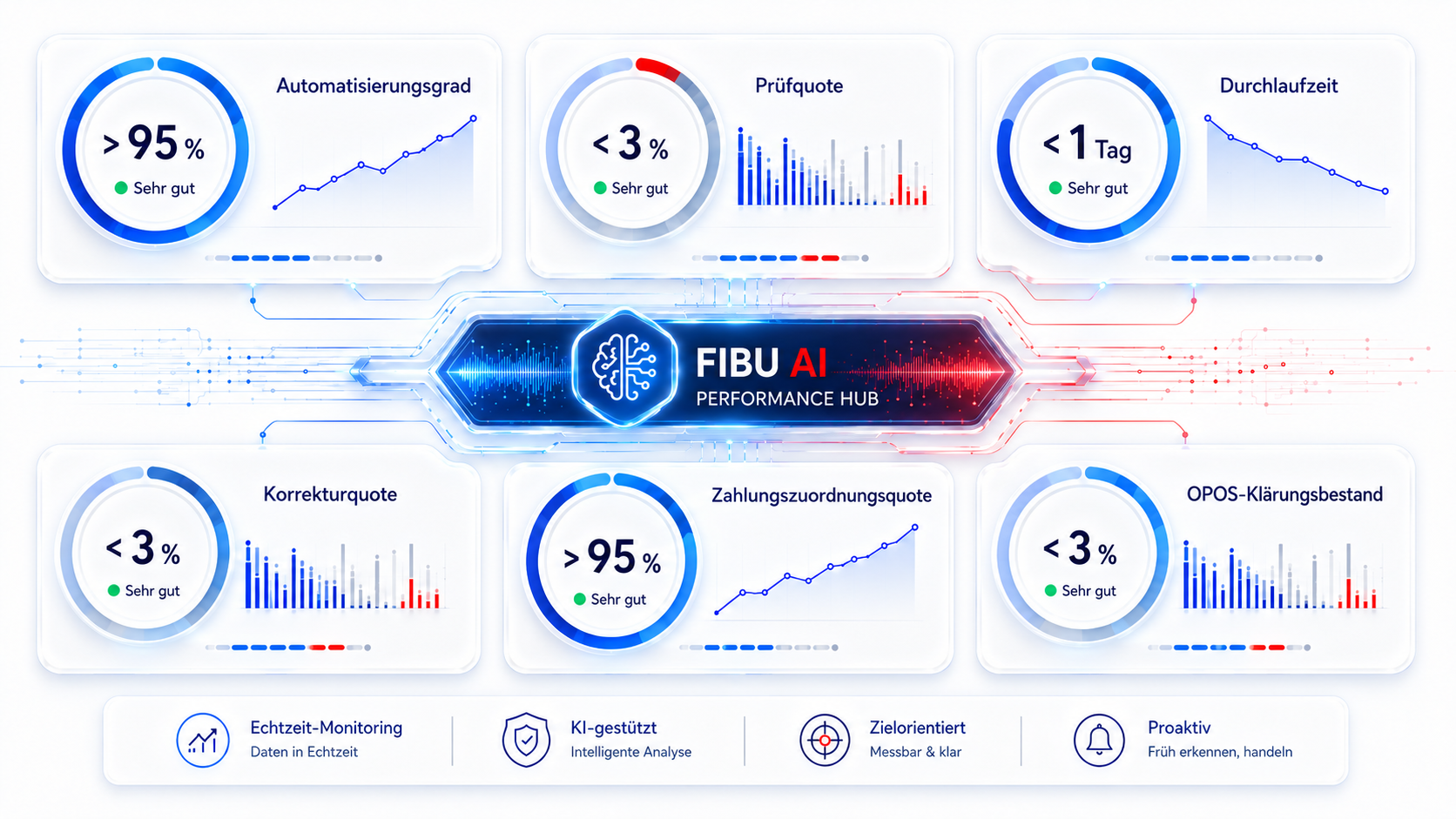 Dashboard mit den Zielgrößen Automatisierungsgrad, Prüfquote, Durchlaufzeit, Korrekturquote, Zahlungszuordnungsquote und OPOS-Klärungsbestand