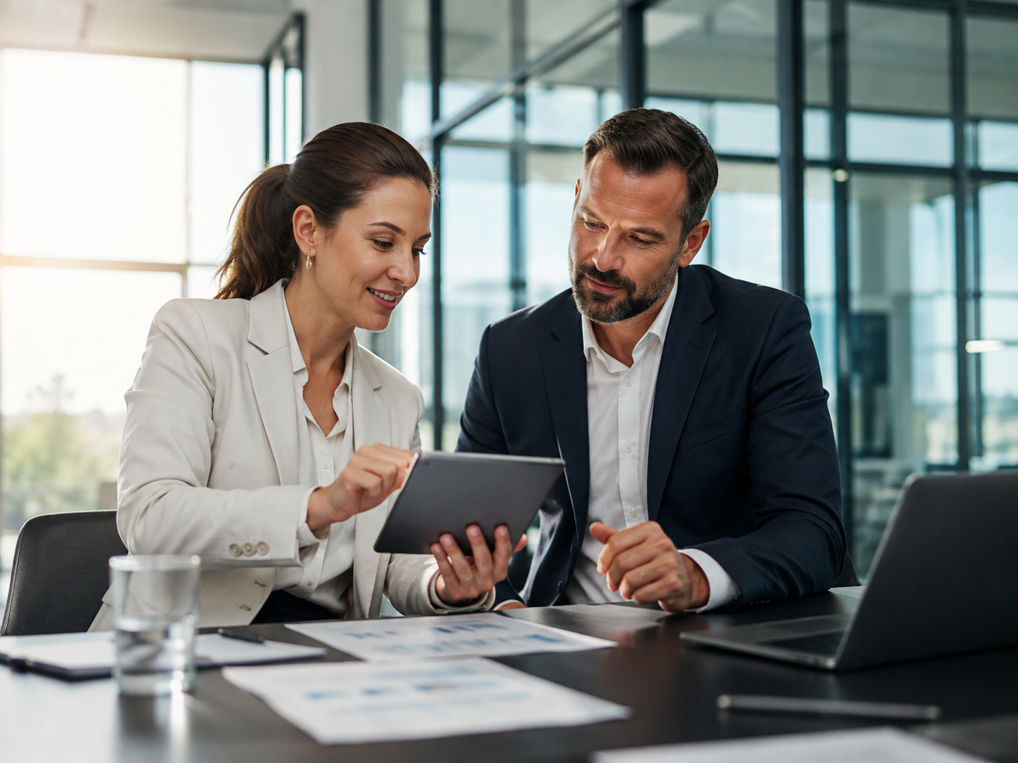 Professionelle Besprechungssituation mit Tablet in modernem Unternehmensumfeld