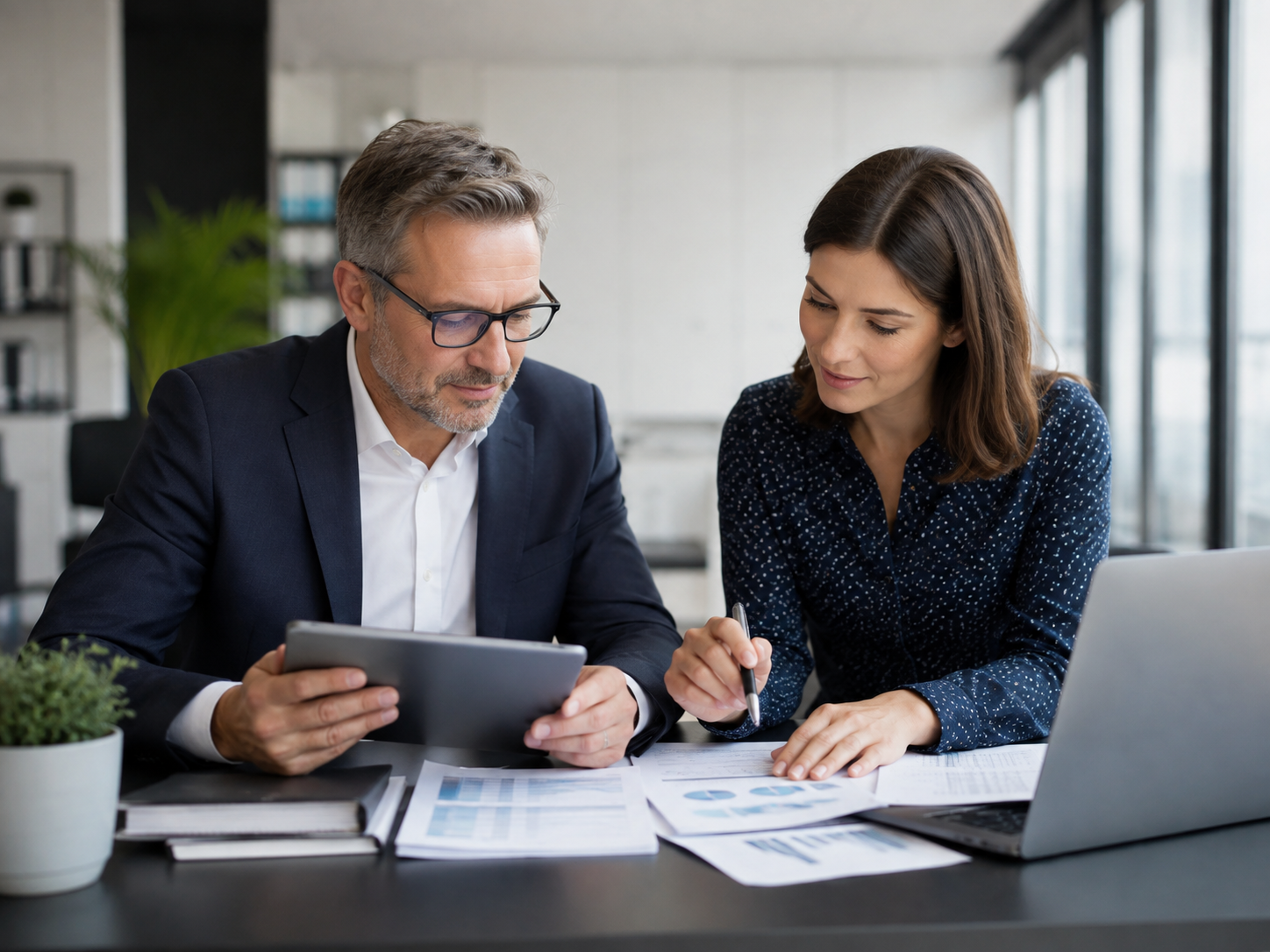 Professionelle Zusammenarbeit bei der Analyse betrieblicher Kennzahlen mit Tablet, Unterlagen und Laptop