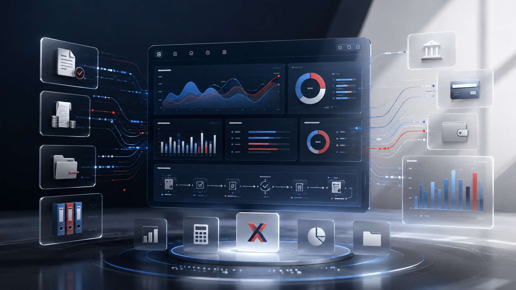 Futuristisches digitales Finanz-Dashboard mit vernetzten Datenströmen, Auswertungen und Systemmodulen