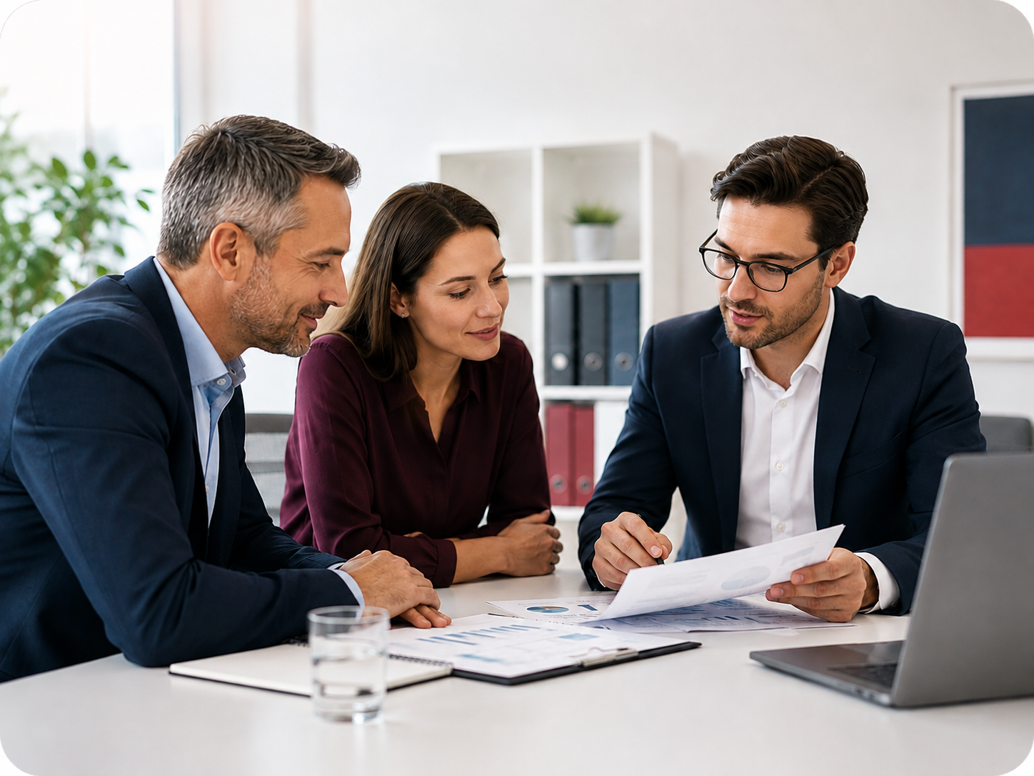 Realistische Besprechungssituation mit drei Personen, Unterlagen und Laptop als Sinnbild für die Zusammenarbeit mit unterschiedlichen Unternehmen.