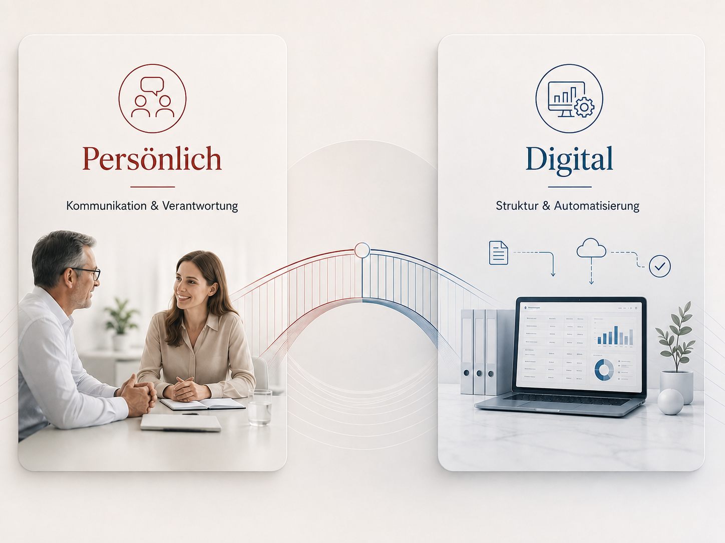 Visualisierung mit den Bereichen Persönlich und Digital, verbunden durch eine Brücke zwischen menschlicher Zusammenarbeit und digitaler Struktur.